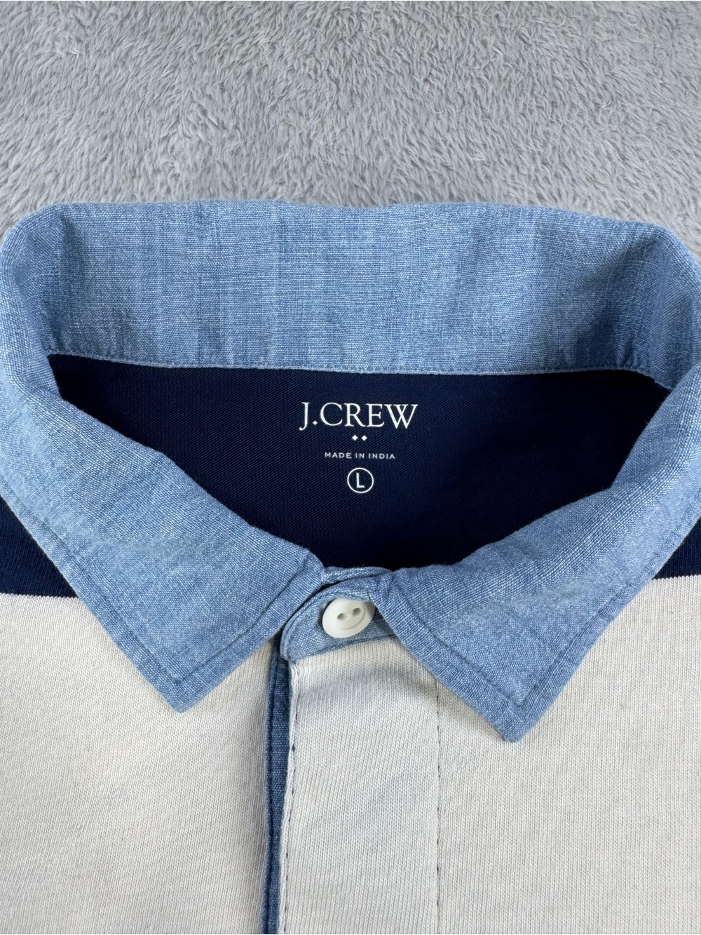 J.Crew Factory Mens L Rugby Shirt Navy Ivory Stripe Chambray Collar Preppy - Picture 8 of 14